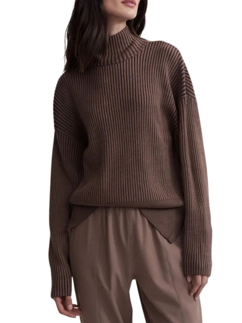 Varley Mayfair Mock Neck Knit Sweater S Brown Ribbed Oversized Quiet Luxury Chic